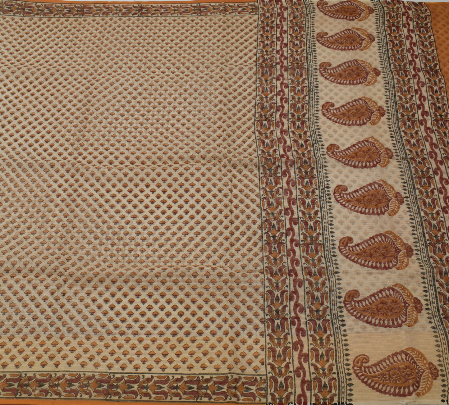 Sushila Vintage Cream Saree 100% Pure Cotton Hand Block Printed Floral Fabric