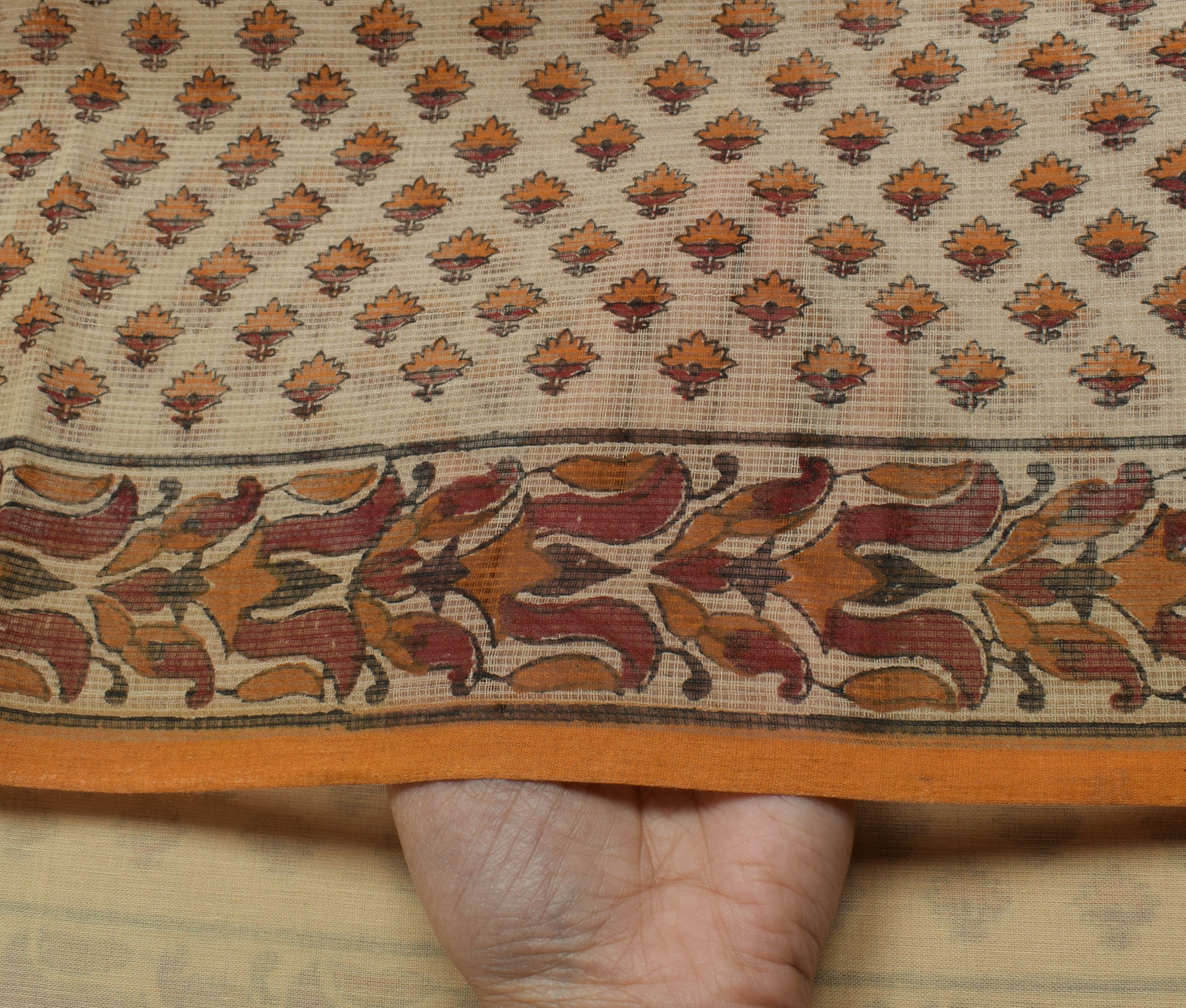 Sushila Vintage Cream Saree 100% Pure Cotton Hand Block Printed Floral Fabric