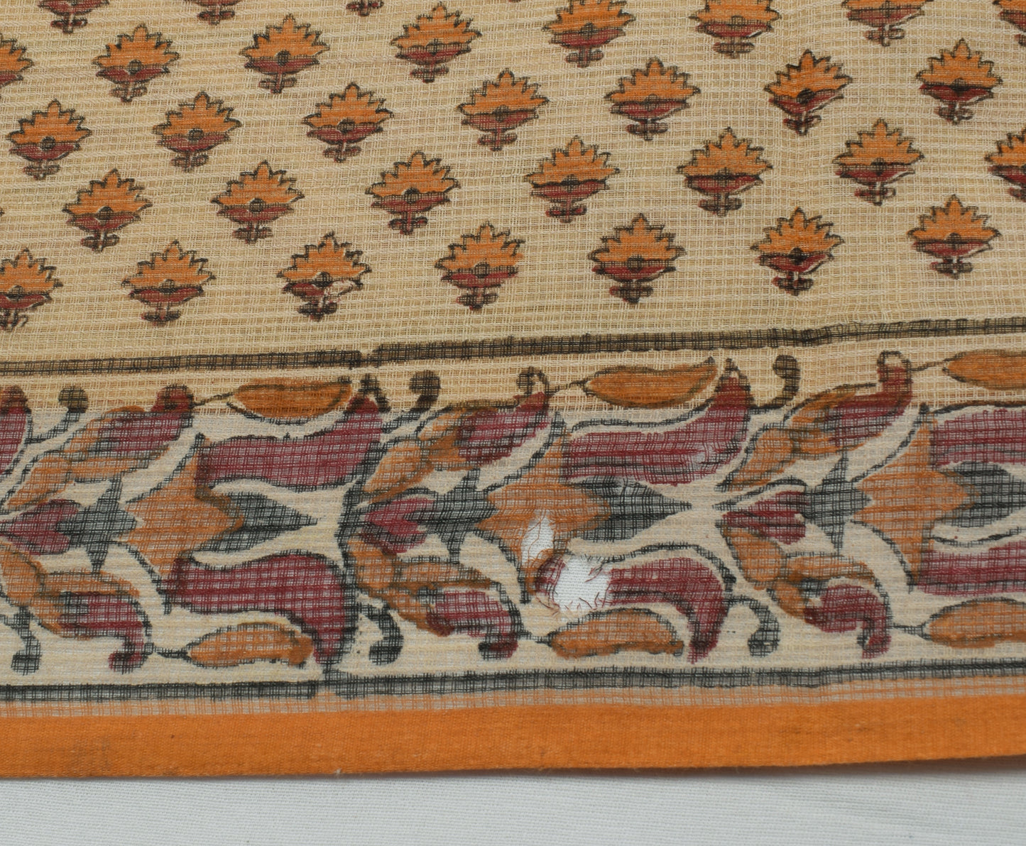 Sushila Vintage Cream Saree 100% Pure Cotton Hand Block Printed Floral Fabric