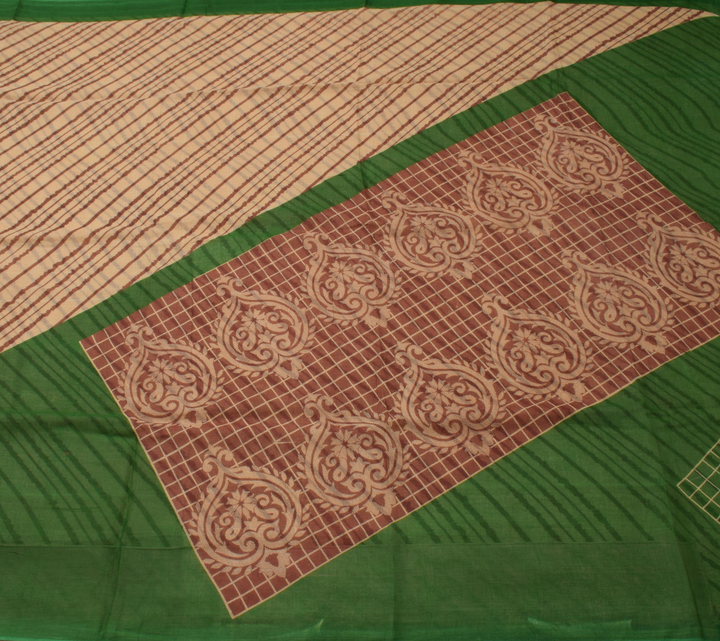 Sushila Vintage Cream Saree 100% Pure Cotton Printed 5 Yard Soft Craft Fabric