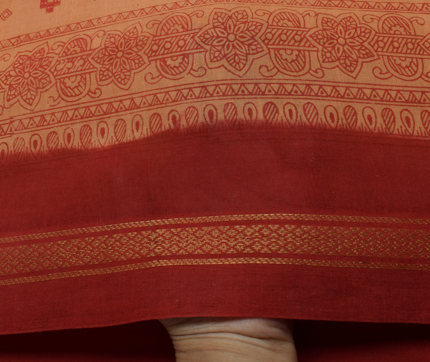 Sushila Vintage Peach Saree 100% Pure Cotton Hand Block Printed Craft Fabric