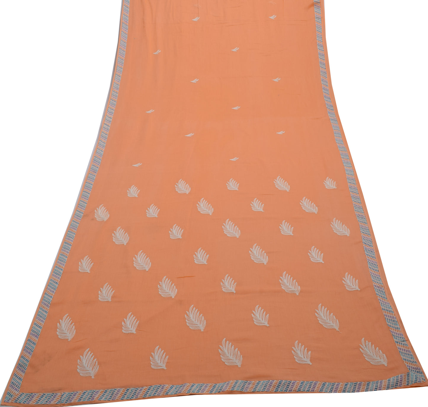 Sushila Vintage Peach Saree 100% Pure Cotton Thread Embroidered Craft Fabric