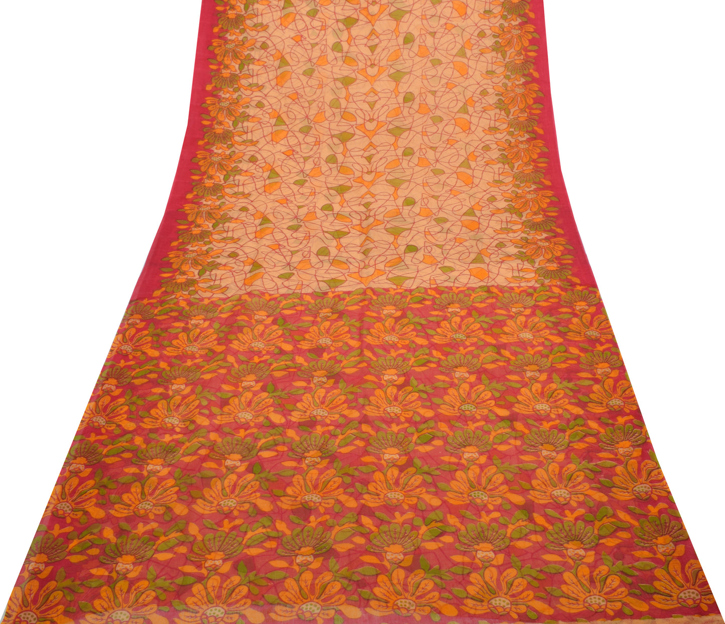 Sushila Vintage Cream Saree 100% Pure Cotton Printed 5 Yard Craft Sari Fabric