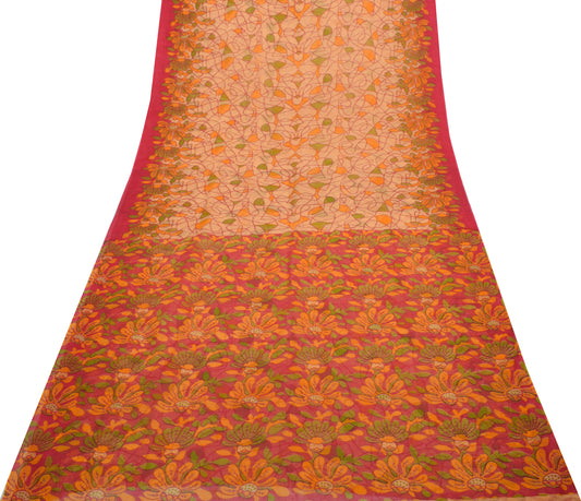 Sushila Vintage Cream Saree 100% Pure Cotton Printed 5 Yard Craft Sari Fabric