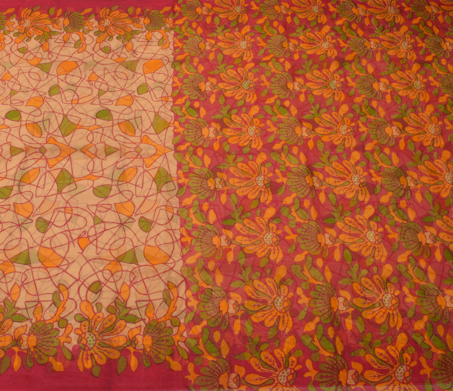 Sushila Vintage Cream Saree 100% Pure Cotton Printed 5 Yard Craft Sari Fabric