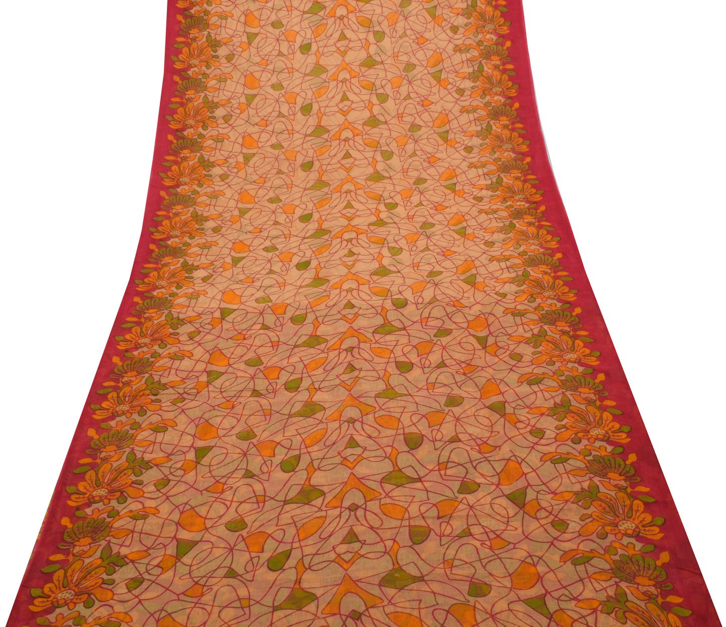 Sushila Vintage Cream Saree 100% Pure Cotton Printed 5 Yard Craft Sari Fabric