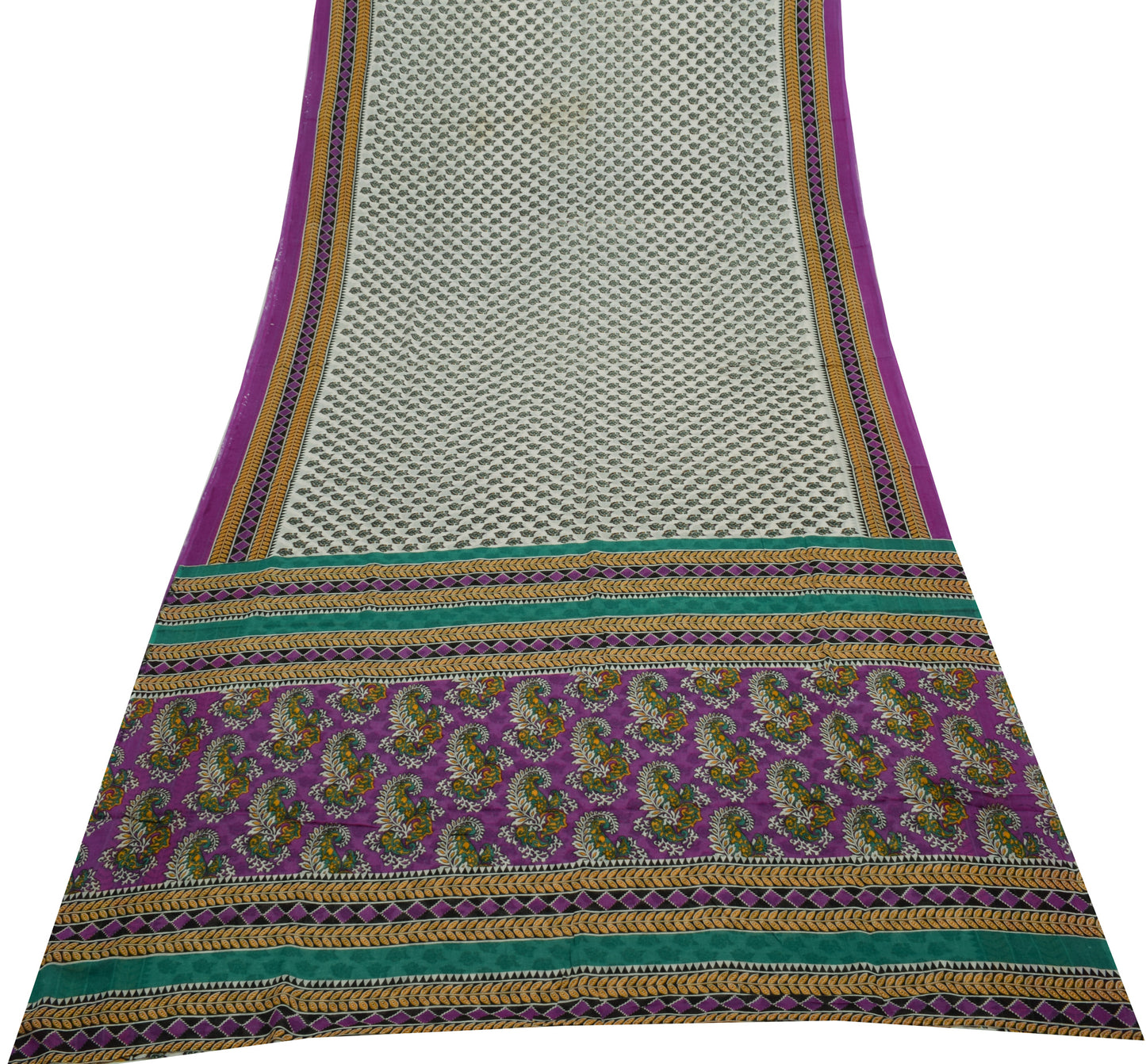 Sushila Vintage White Saree 100% Pure Cotton Printed Paisley Soft Craft Fabric