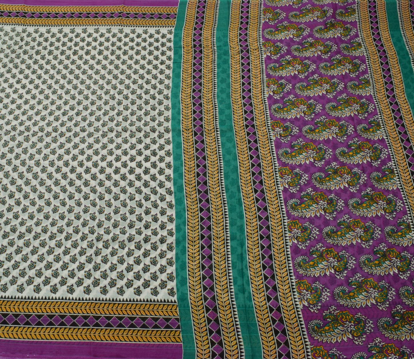 Sushila Vintage White Saree 100% Pure Cotton Printed Paisley Soft Craft Fabric