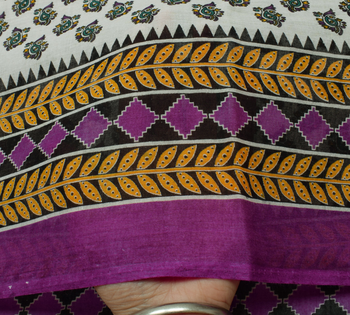 Sushila Vintage White Saree 100% Pure Cotton Printed Paisley Soft Craft Fabric