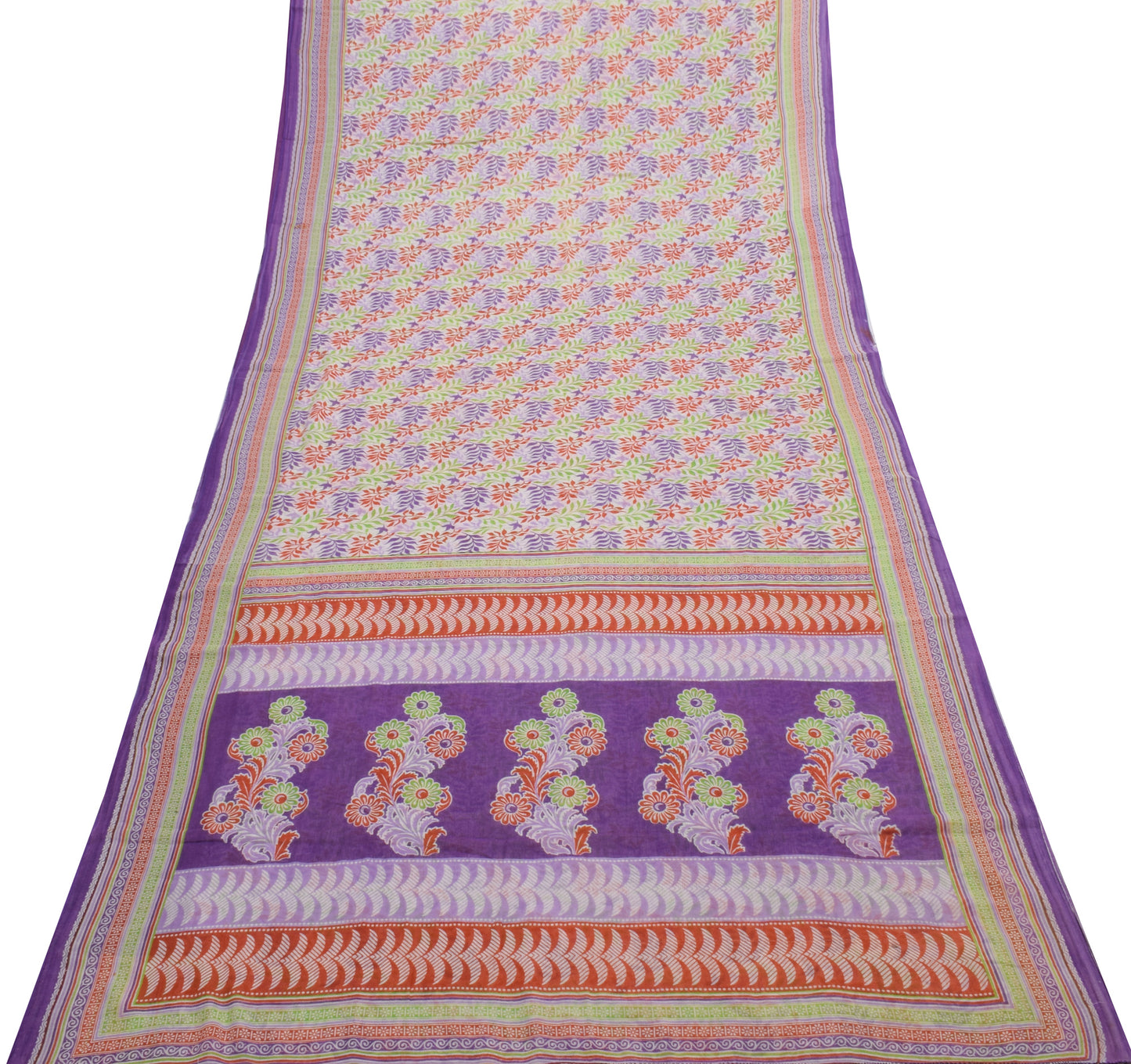 Sushila Vintage White Saree 100% Pure Cotton Printed Floral Soft Craft Fabric