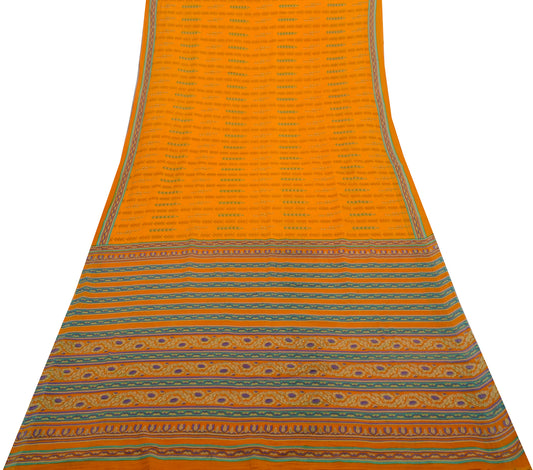 Sushila Vintage Orange Saree 100% Pure Cotton Printed Floral Soft Craft Fabric