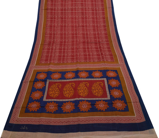Sushila Vintage Red Indian Saree 100% Pure Cotton Printed 5 Yard Craft Fabric