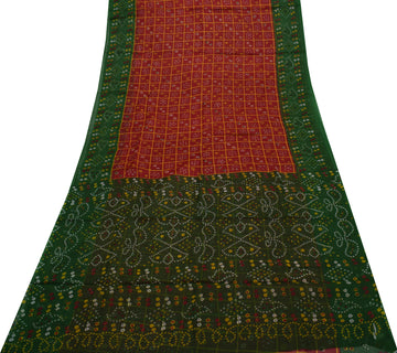 Sushila Vintage Red Indian Saree 100% Pure Cotton Bandhani Printed Craft Fabric