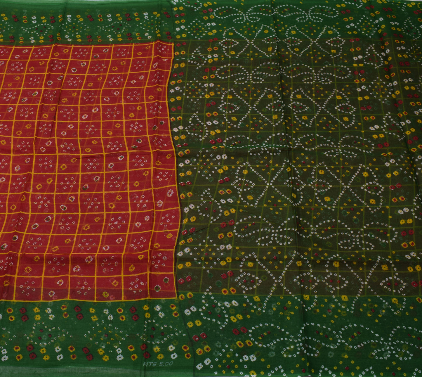 Sushila Vintage Red Indian Saree 100% Pure Cotton Bandhani Printed Craft Fabric