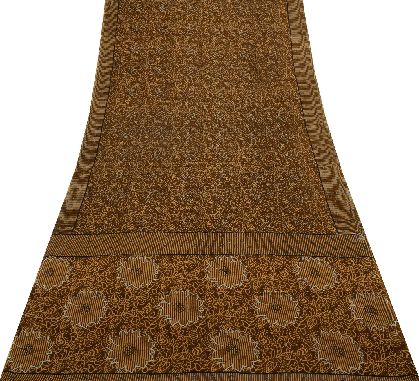 Sushila Vintage Brown Saree 100% Pure Cotton Printed Floral Craft 5 Yard Fabric