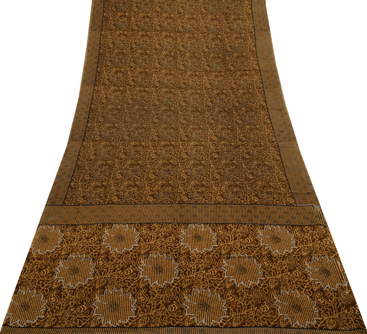 Sushila Vintage Brown Saree 100% Pure Cotton Printed Floral Craft 5 Yard Fabric