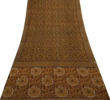 Sushila Vintage Brown Saree 100% Pure Cotton Printed Floral Craft 5 Yard Fabric