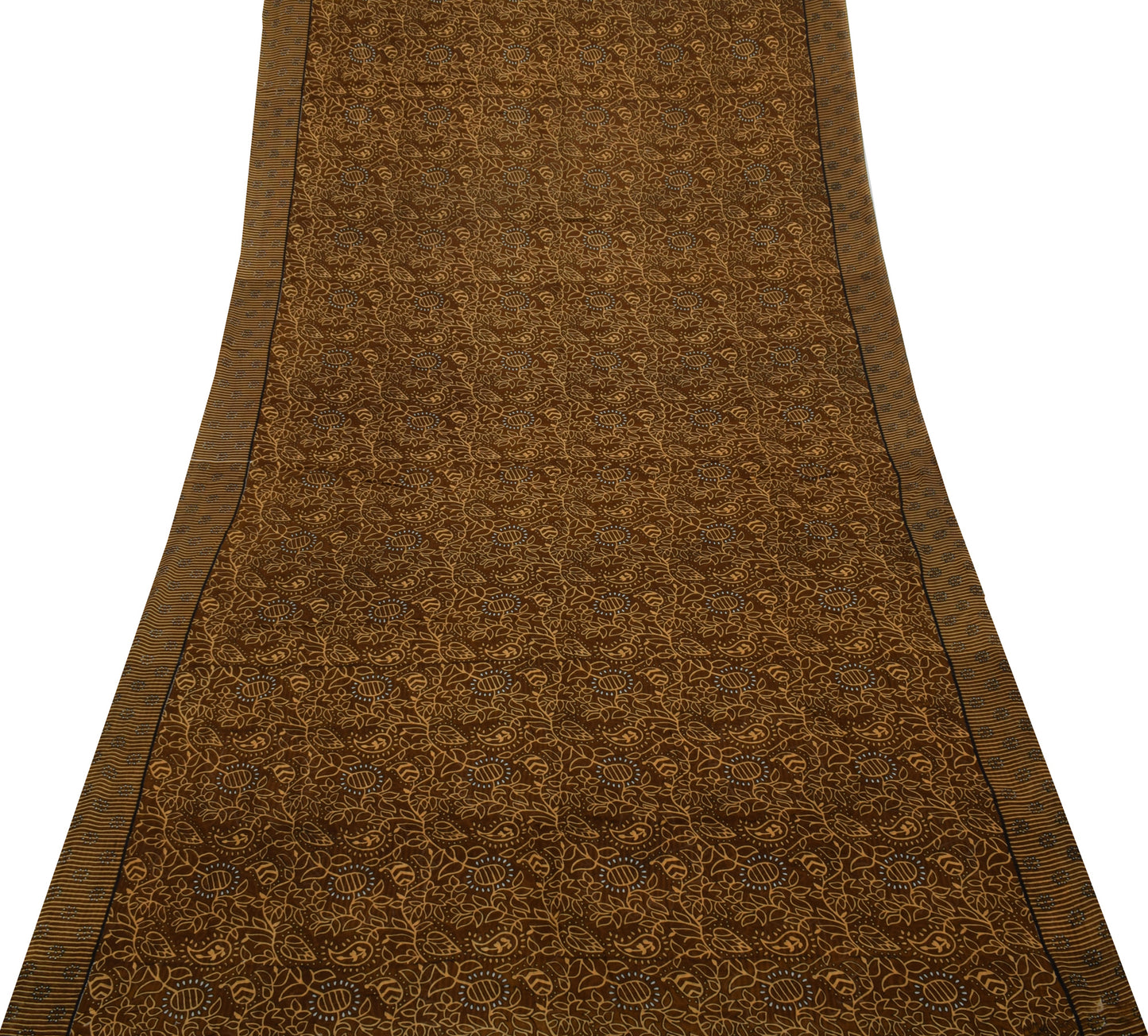 Sushila Vintage Brown Saree 100% Pure Cotton Printed Floral Craft 5 Yard Fabric