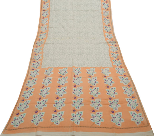 Sushila Vintage Cream Saree 100% Pure Cotton Printed Floral Soft Craft Fabric