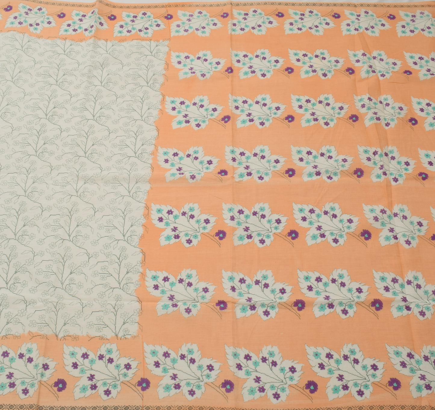 Sushila Vintage Cream Saree 100% Pure Cotton Printed Floral Soft Craft Fabric