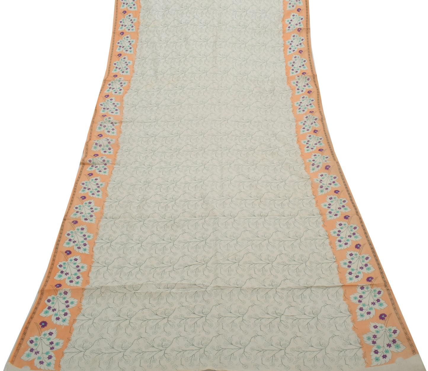 Sushila Vintage Cream Saree 100% Pure Cotton Printed Floral Soft Craft Fabric