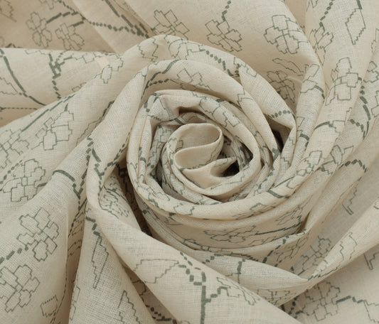 Sushila Vintage Cream Saree 100% Pure Cotton Printed Floral Soft Craft Fabric