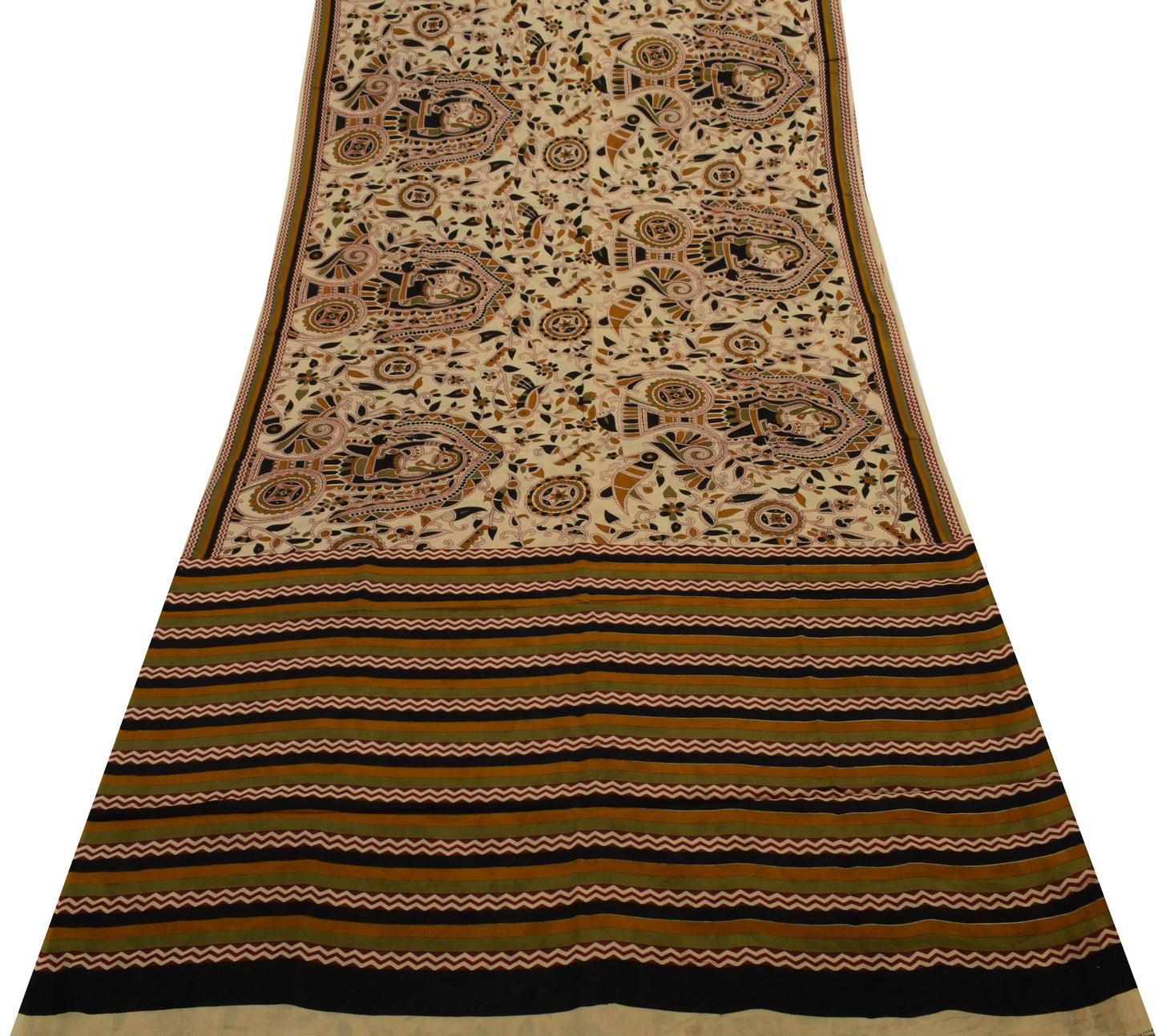 Sushila Vintage Light Brown Saree Pure Cotton Printed 5 Yard Soft Craft Fabric