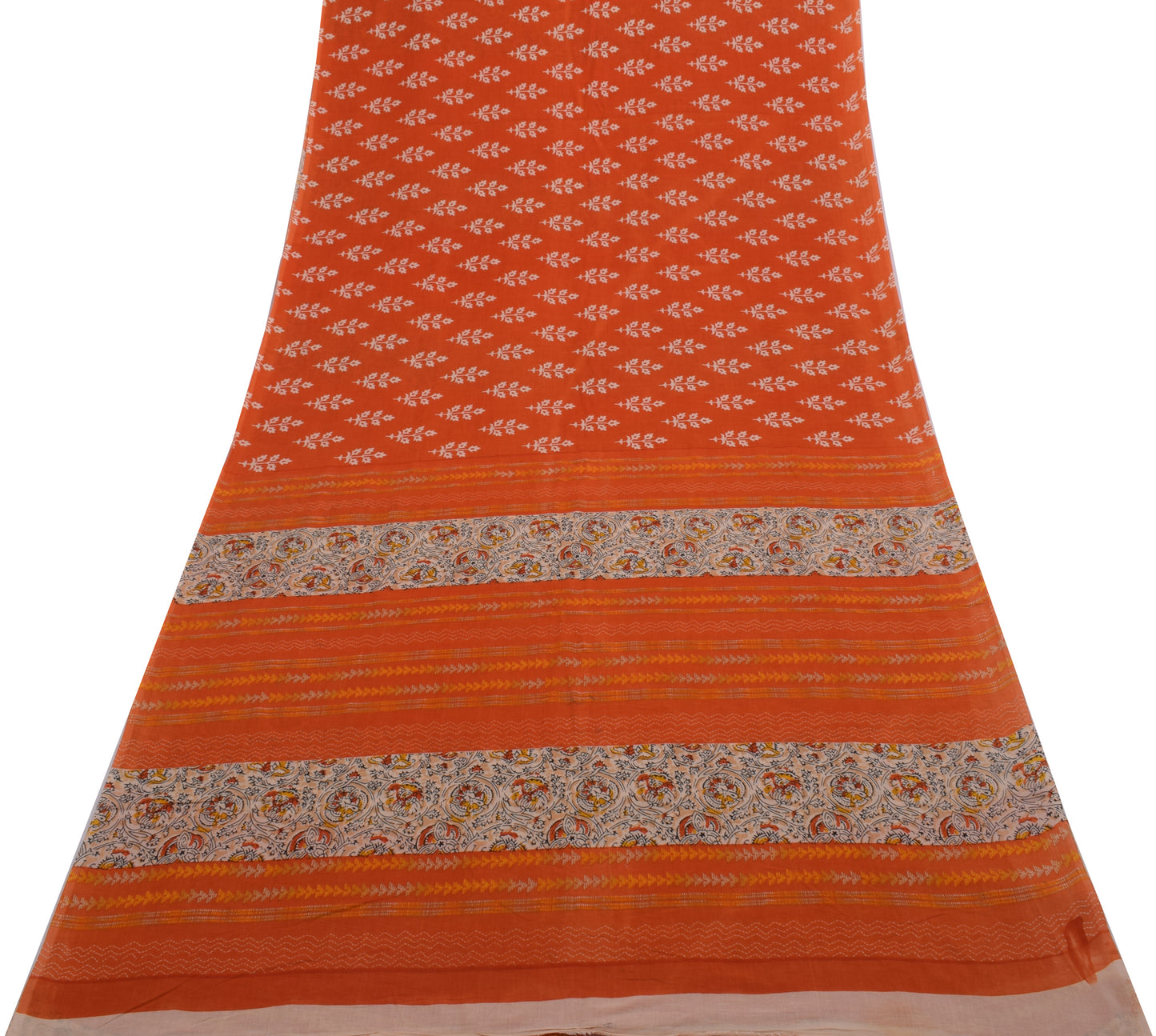 Sushila Vintage Orange Saree 100% Pure Cotton Printed Floral Soft Craft Fabric