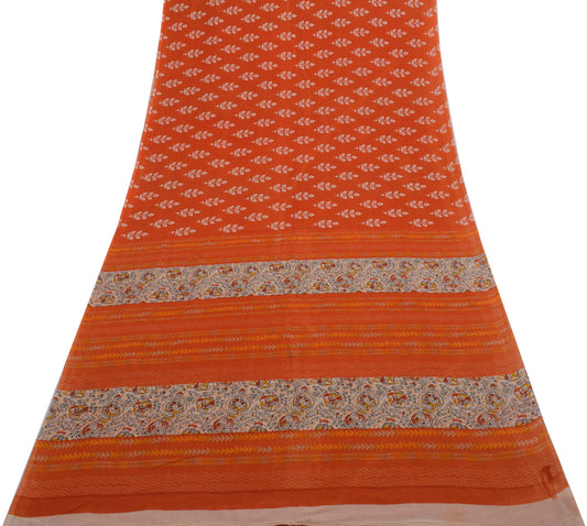 Sushila Vintage Orange Saree 100% Pure Cotton Printed Floral Soft Craft Fabric