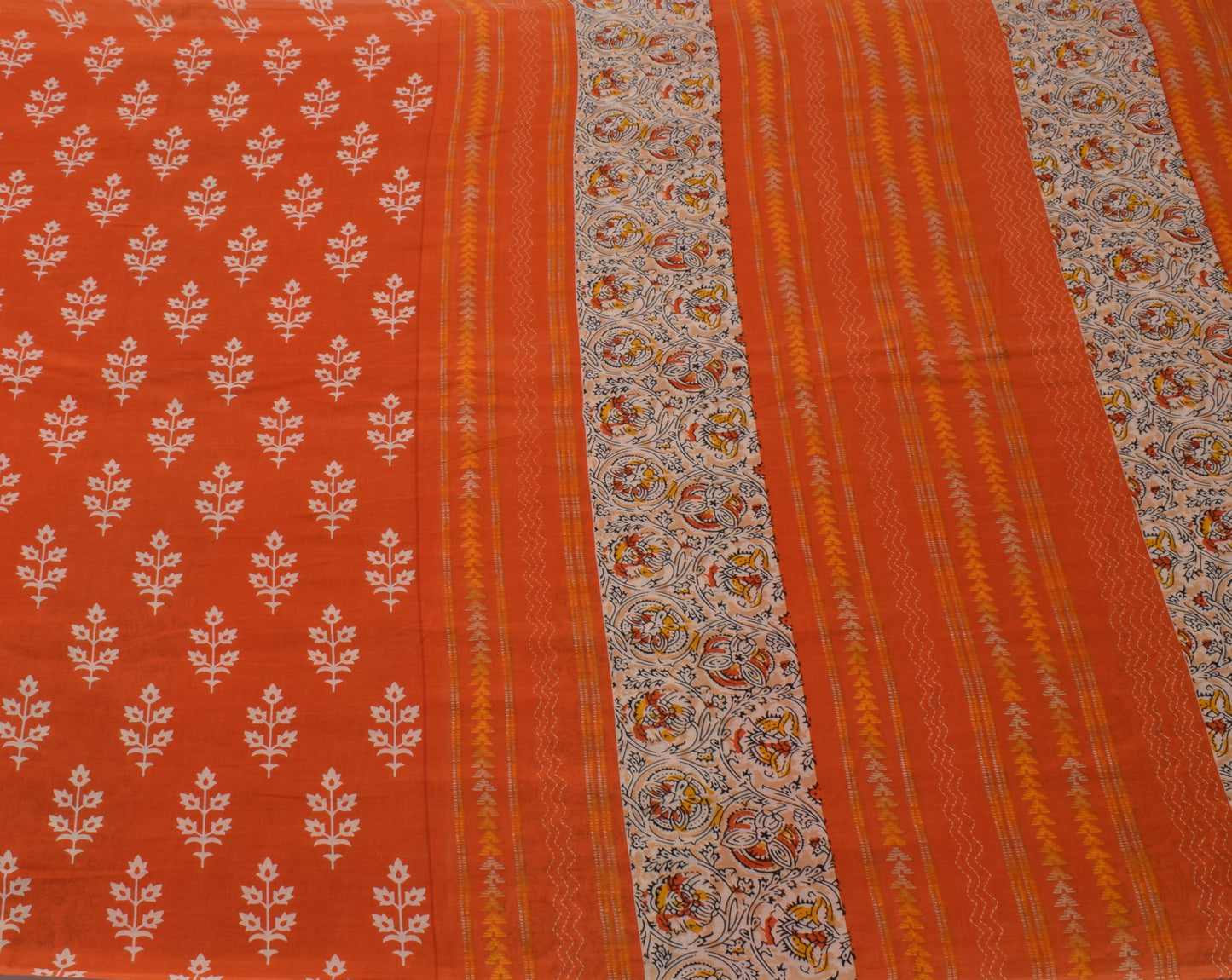 Sushila Vintage Orange Saree 100% Pure Cotton Printed Floral Soft Craft Fabric