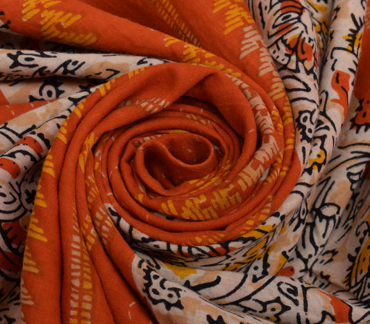 Sushila Vintage Orange Saree 100% Pure Cotton Printed Floral Soft Craft Fabric