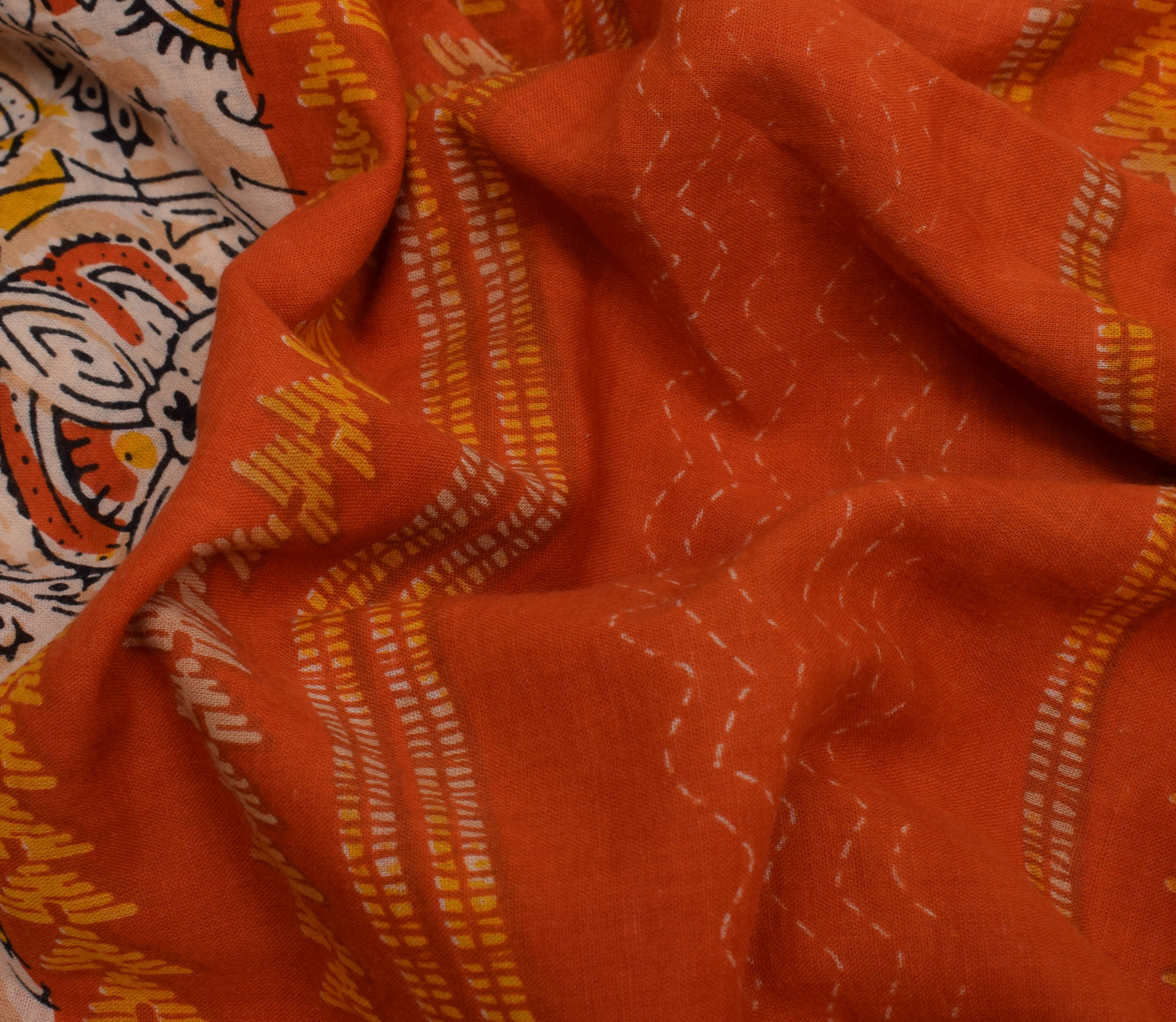 Sushila Vintage Orange Saree 100% Pure Cotton Printed Floral Soft Craft Fabric