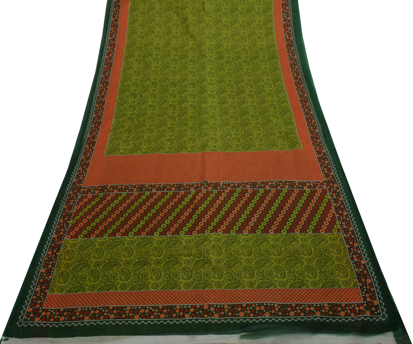 Sushila Vintage Green Saree 100% Pure Cotton Printed Paisley 5 YD Craft Fabric