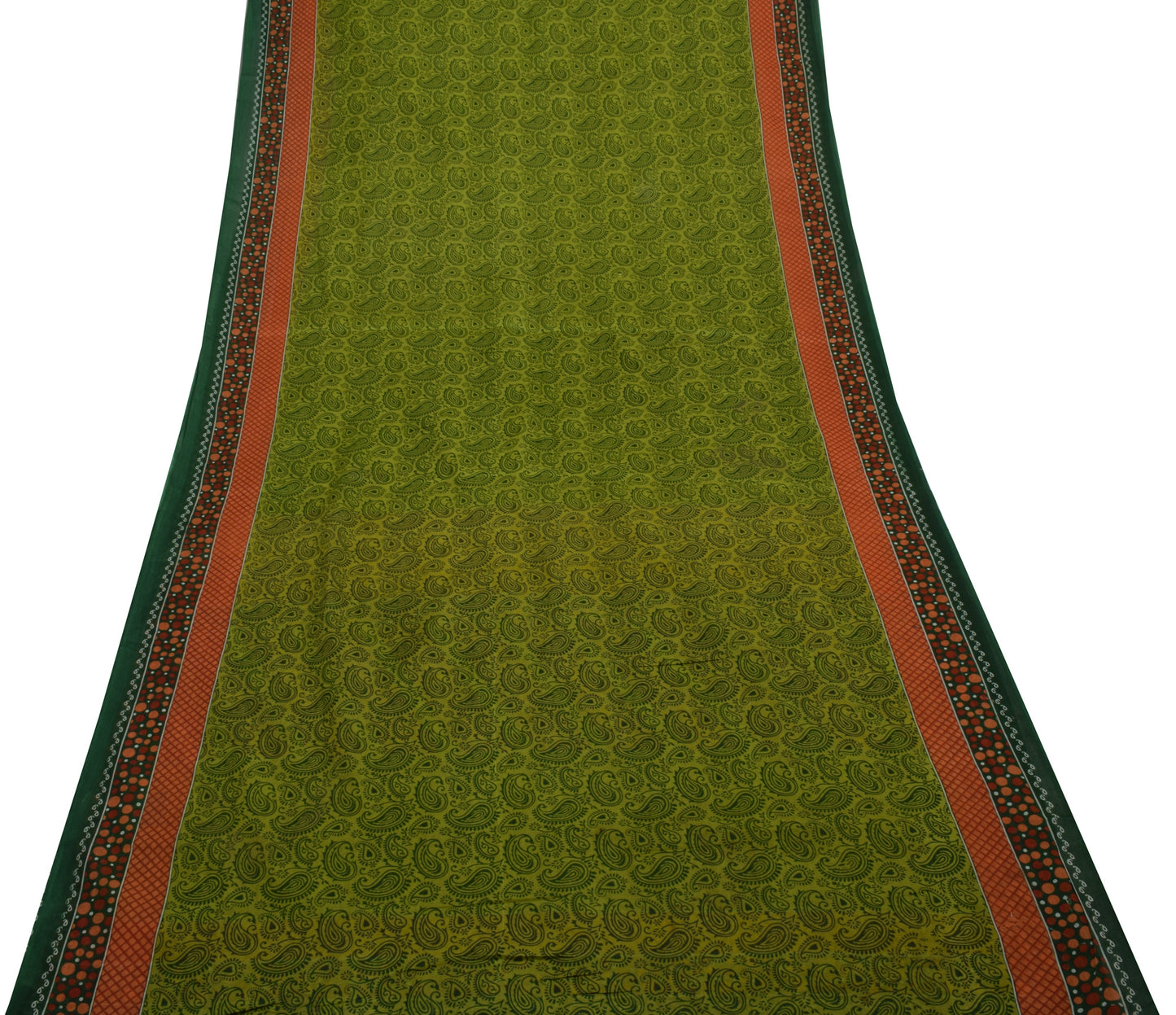 Sushila Vintage Green Saree 100% Pure Cotton Printed Paisley 5 YD Craft Fabric