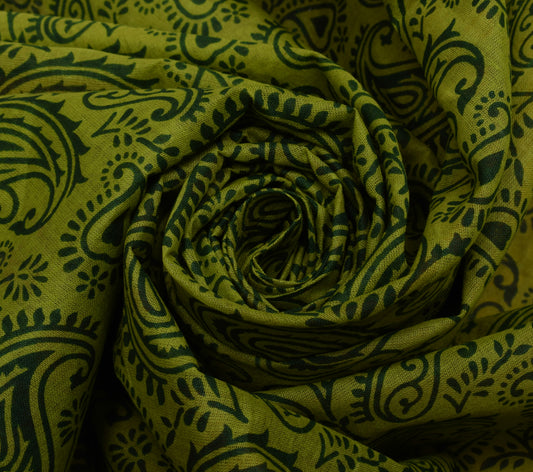 Sushila Vintage Green Saree 100% Pure Cotton Printed Paisley 5 YD Craft Fabric