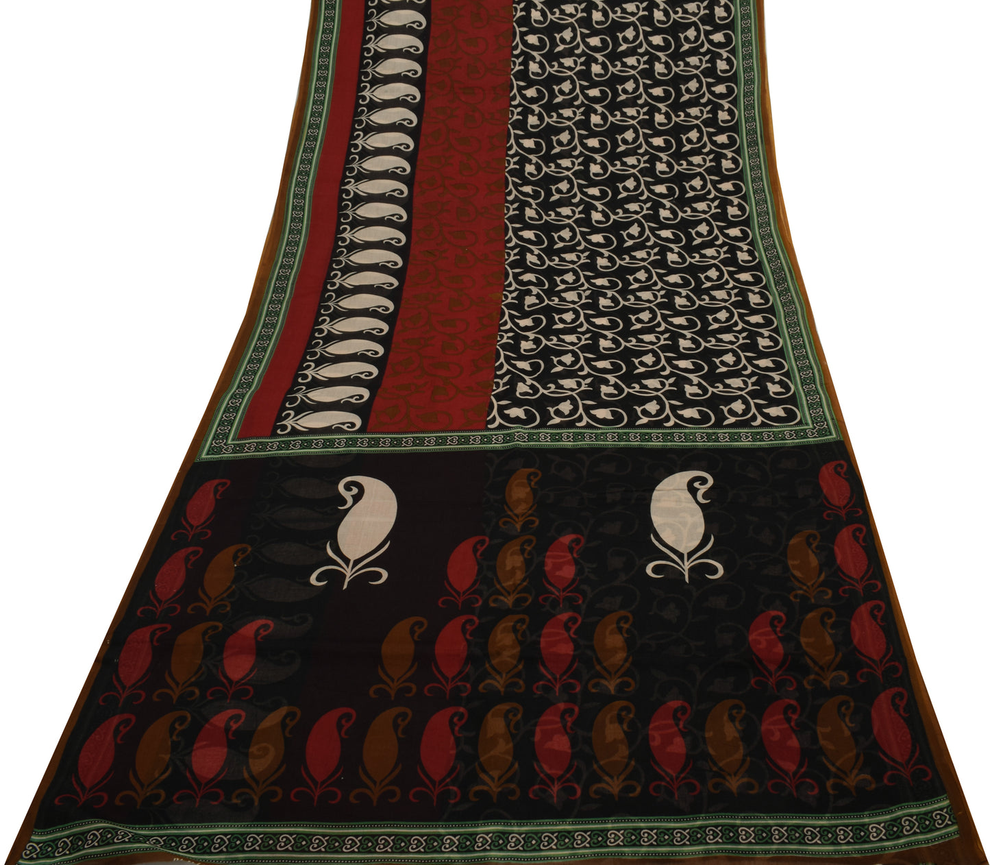 Sushila Vintage Black Saree 100% Pure Cotton Printed Paisley Craft Sari Fabric