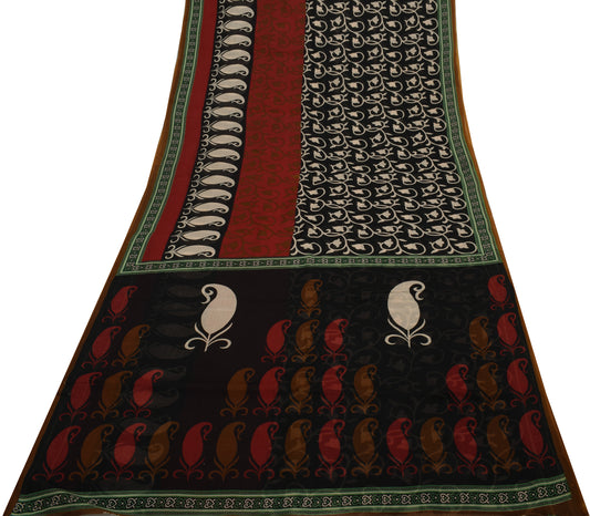 Sushila Vintage Black Saree 100% Pure Cotton Printed Paisley Craft Sari Fabric