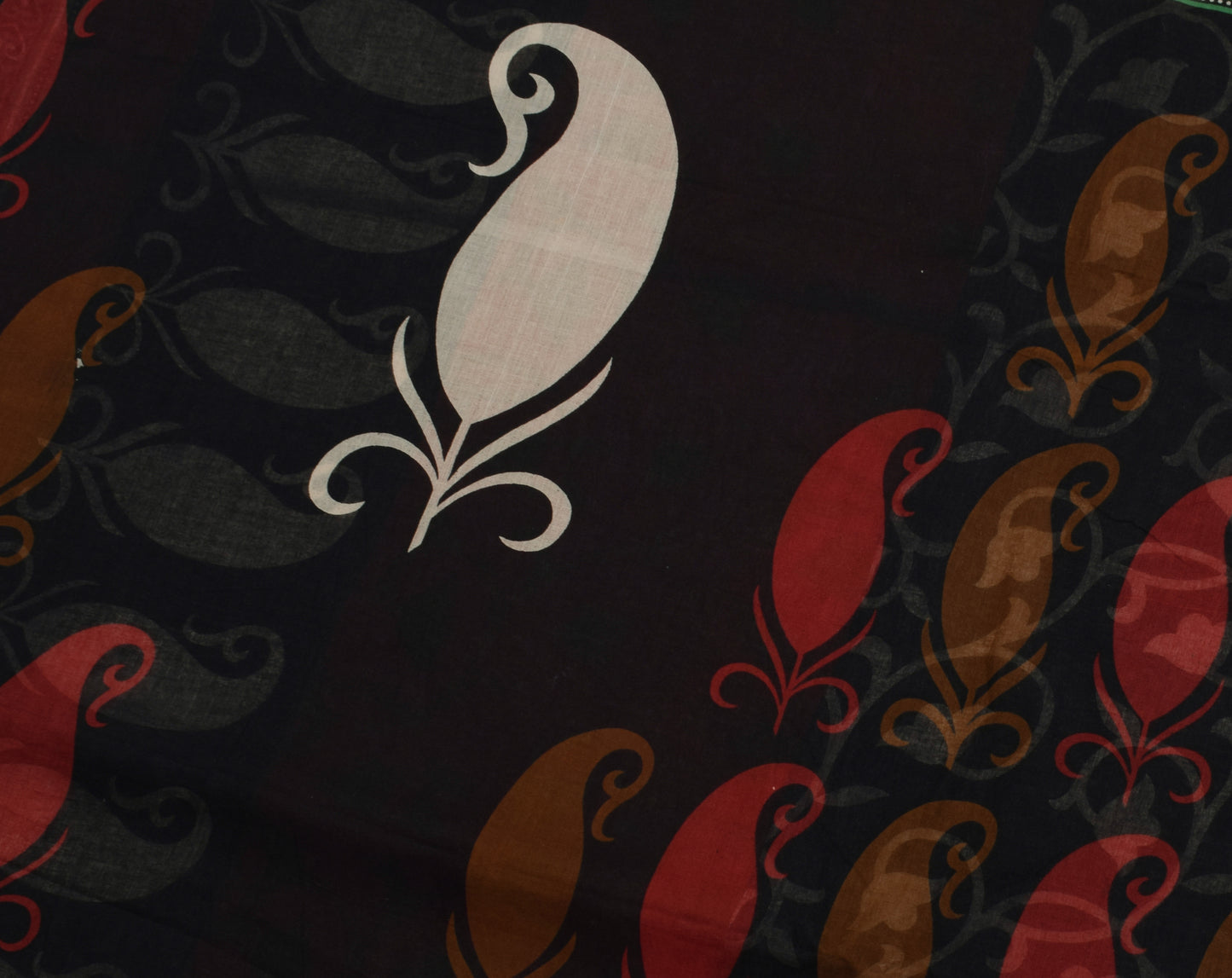 Sushila Vintage Black Saree 100% Pure Cotton Printed Paisley Craft Sari Fabric