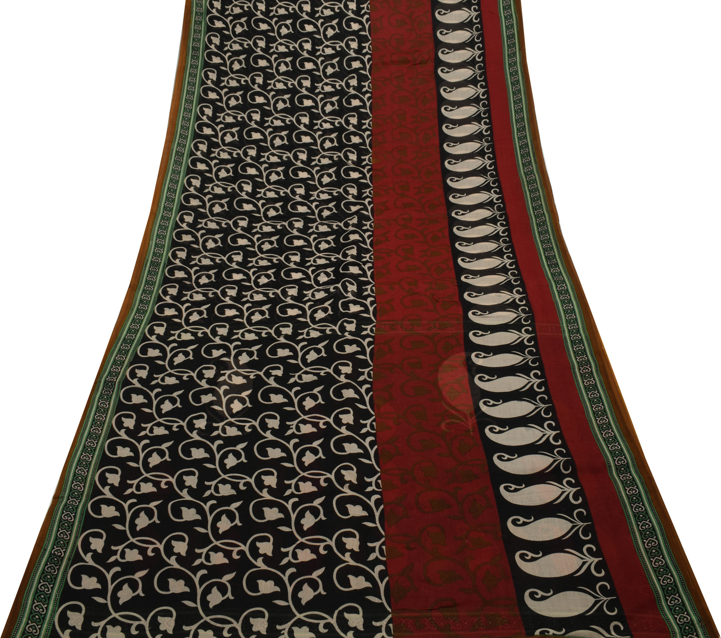 Sushila Vintage Black Saree 100% Pure Cotton Printed Paisley Craft Sari Fabric