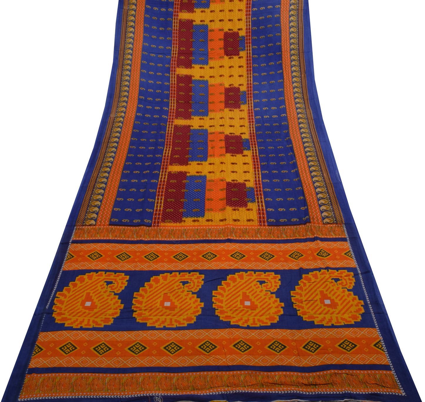 Sushila Vintage Blue Saree 100% Pure Cotton Printed Paisley Soft Craft Fabric