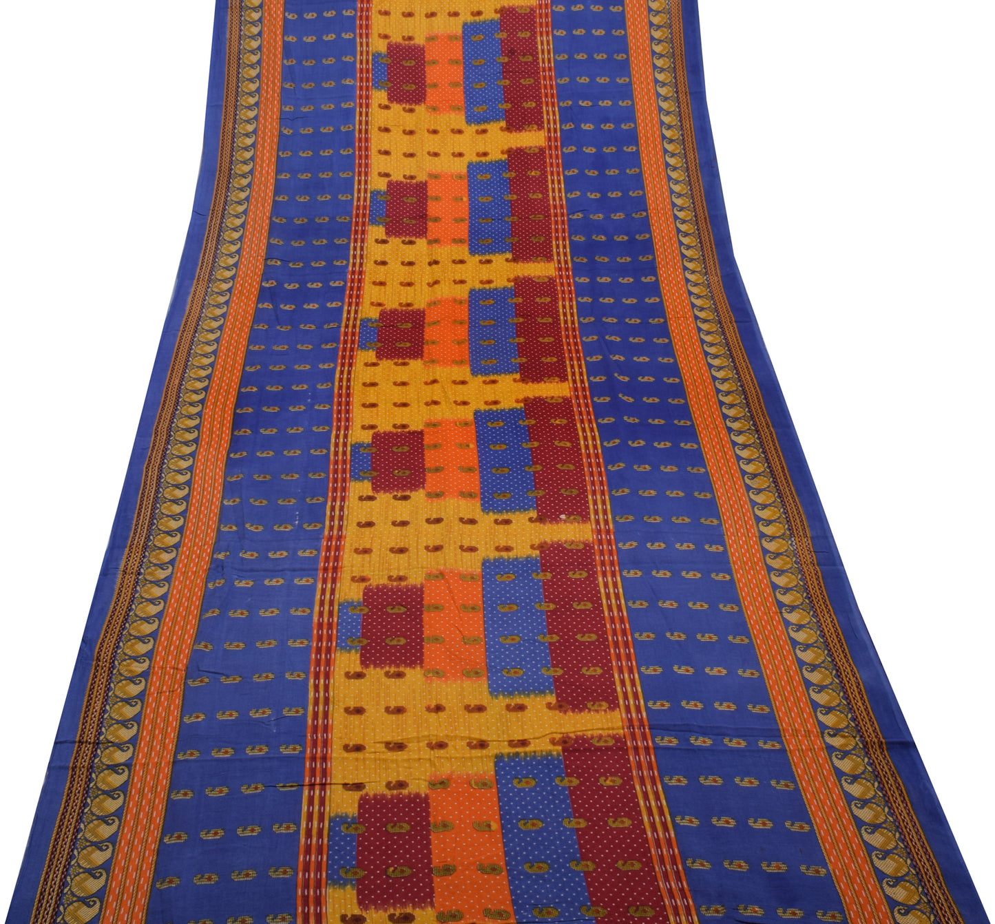 Sushila Vintage Blue Saree 100% Pure Cotton Printed Paisley Soft Craft Fabric