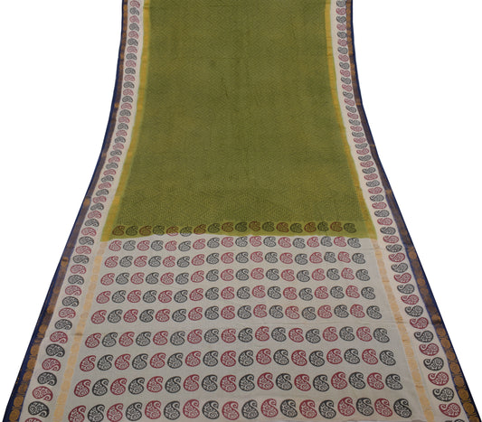 Sushila Vintage Green Indian Saree 100% Pure Cotton Printed Soft Craft Fabric
