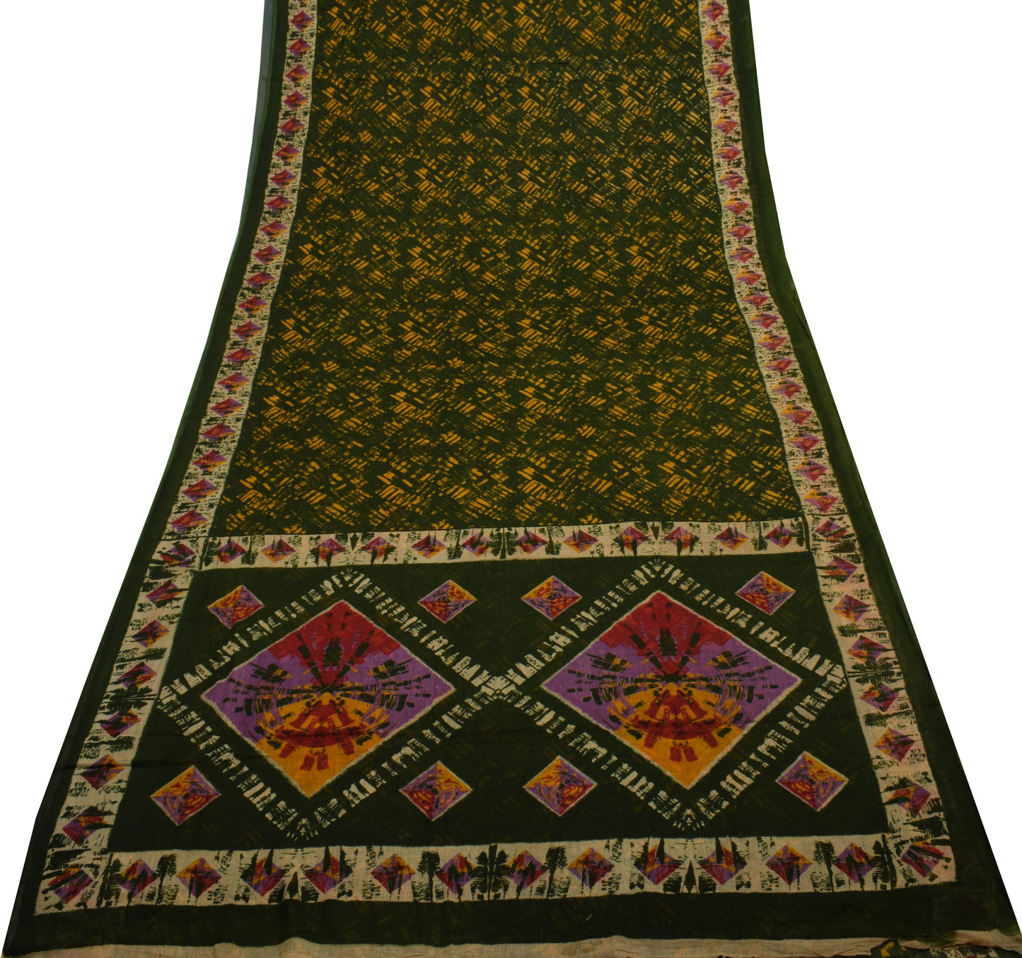 Sushila Vintage Green Indian Saree 100% Pure Cotton Printed Soft Craft Fabric
