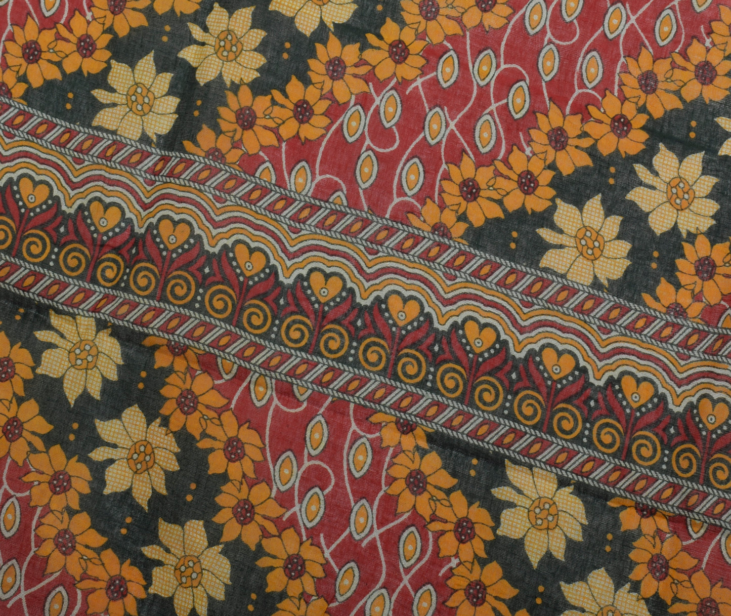 Sushila Vintage Red Indian Saree 100% Pure Cotton Printed Floral Craft Fabric