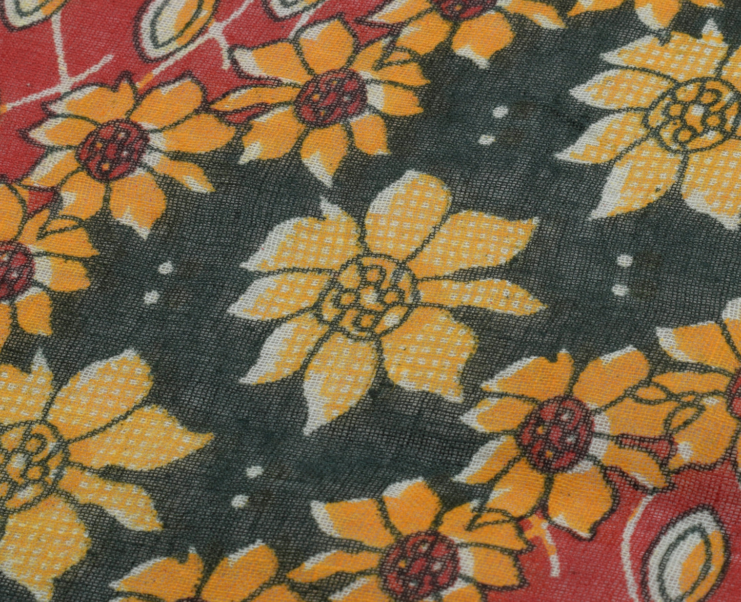 Sushila Vintage Red Indian Saree 100% Pure Cotton Printed Floral Craft Fabric