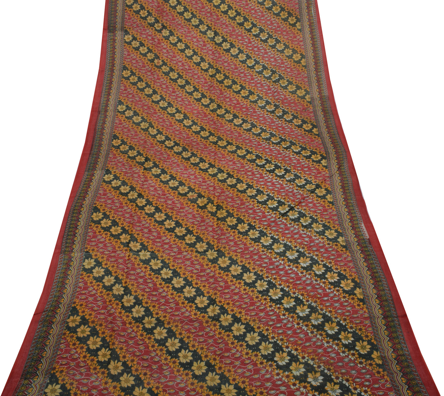 Sushila Vintage Red Indian Saree 100% Pure Cotton Printed Floral Craft Fabric