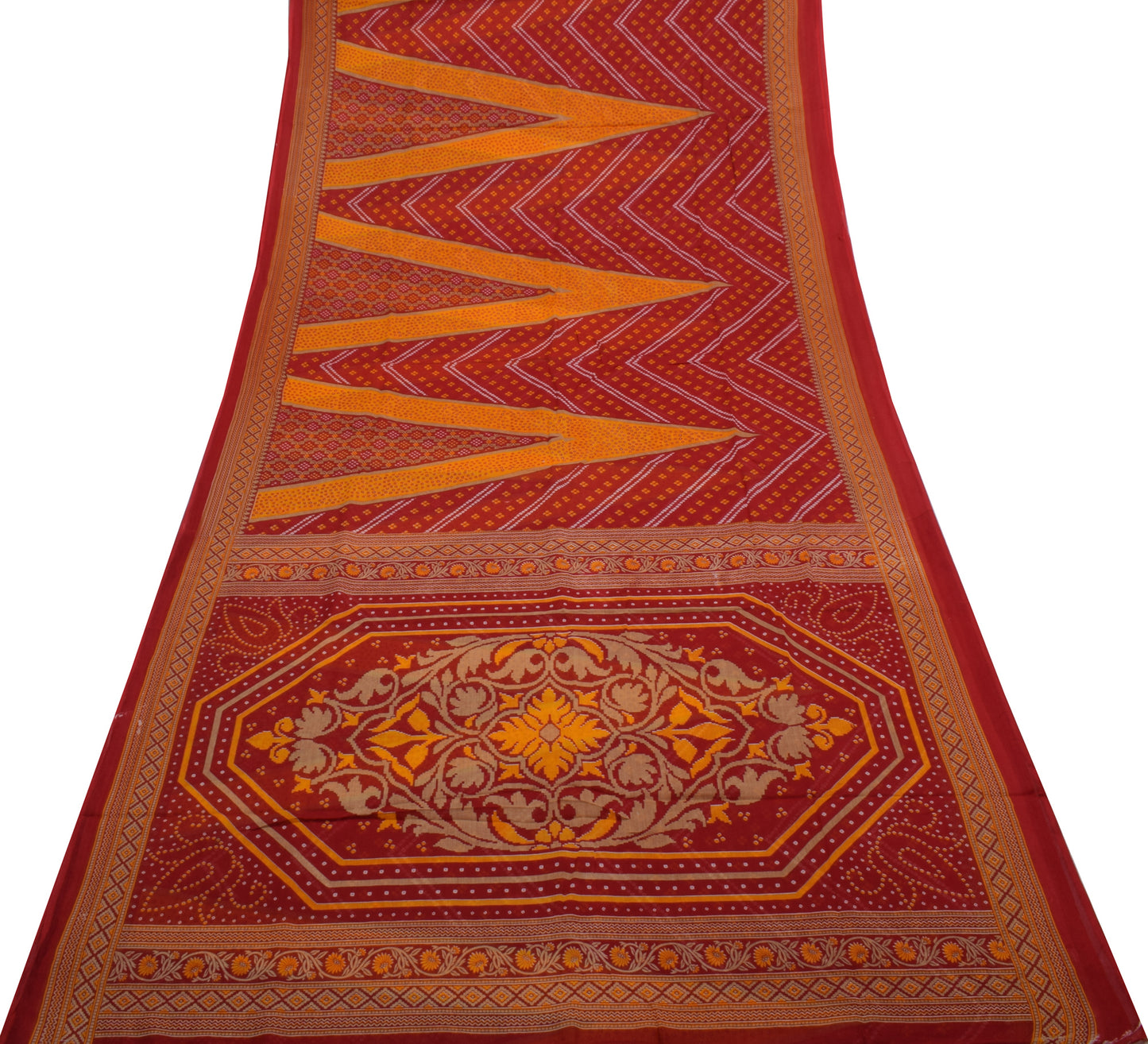 Sushila Vintage Red Saree 100% Pure Cotton Bandhani Printed Floral Soft Fabric
