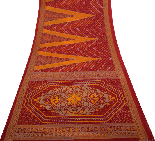 Sushila Vintage Red Saree 100% Pure Cotton Bandhani Printed Floral Soft Fabric