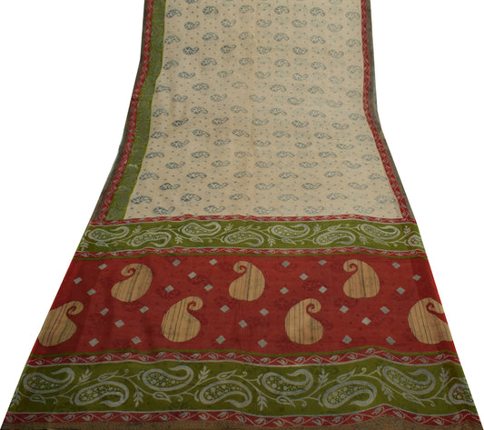 Sushila Vintage Brown Saree 100% Pure Cotton Printed Paisley 5 Yard Craft Fabric