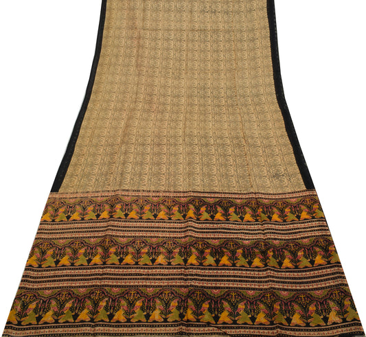 Sushila Vintage Light Brown Saree 100% Pure Cotton Printed Floral Craft Fabric